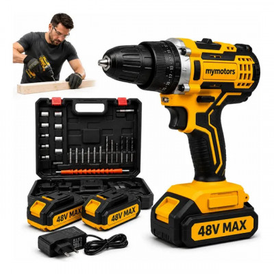 Parafusadeira Furadeira 48V Profissional — 2 Baterias Sem Fio (Amarelo)