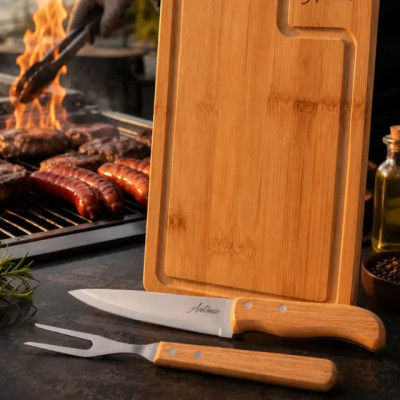 Kit Para Churrasco Tábua Faca Garfo Com Nome — conjunto personalizado para churrasco