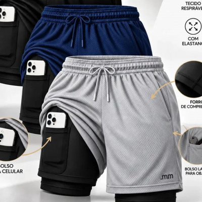 Kit 3 Bermudas 2 Em 1 Short Duplo Masculino Academia Treino Preto-cinza-marinho Liso G — Conforto e Versatilidade para o Treino