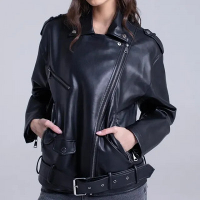 Sawary Jaqueta Feminina Couro PU Biker — Preto G Liso