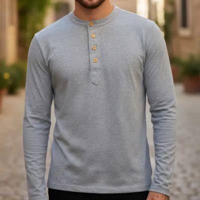 Camisa Henley Masculina De Malha Ecológica Mangas Compridas