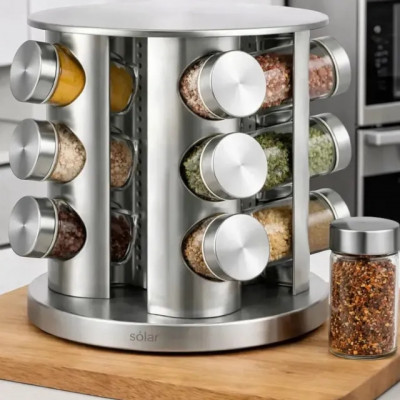 Porta Tempero Condimentos Giratório 12 Potes Inox Luxo Prata — Organização giratória em aço inox
