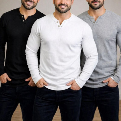 Kit com 3 Camisetas Henley Manga Longa