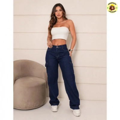 Calça Cargo Feminina Wide Leg Cintura Alta Jeans Stillger