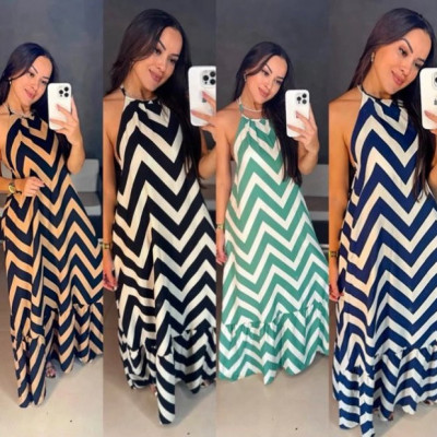 Vestido Feminino Longo Estampado Zig Zag Elegante