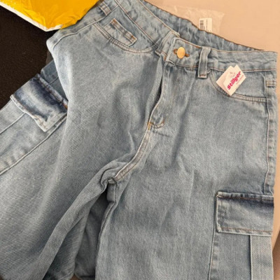 Calça Cargo Feminina Wide Leg Cintura Alta Jeans