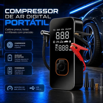 Bomba Elétrica Portátil Digital Pneu Preto