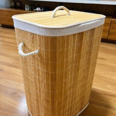 Cesto De Roupa Bambu De 72L Com Forro De Linho