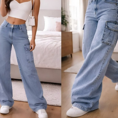 Calça Cargo Wide Leg Cintura Alta Jeans