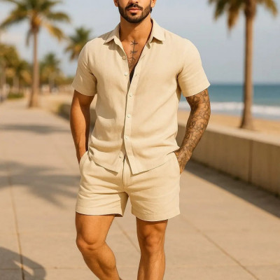 Conjunto Casual Linho Masculino Camisa e Bermuda