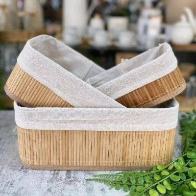 Kit 3 Cestos Organizadores de Bambu Retangulares com Forro Lavável