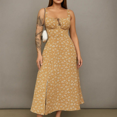 Vestido Midi Floral Feminino com Fenda e Laço