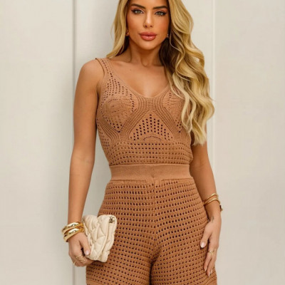 Conjunto Feminino Tricot Blusa e Short Praia
