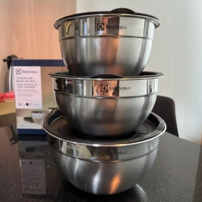 🥣 COMBO DE CUMBUCA Conjunto com 3 Bowls Tigelas Inox e Tampa Plástica Electrolux