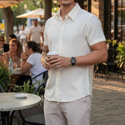 Camisa Masculina de Linho Manga Curta Verão
