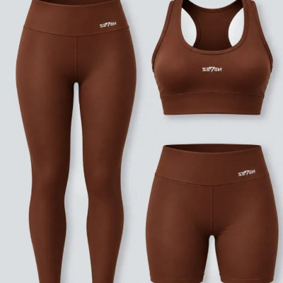 Kit Conjunto Fitness Top Nadador + Legging + Short