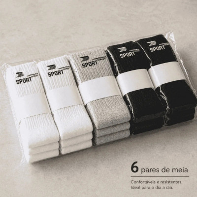 Kit 6 Pares Meias Cano Alto Algodão Sortidas