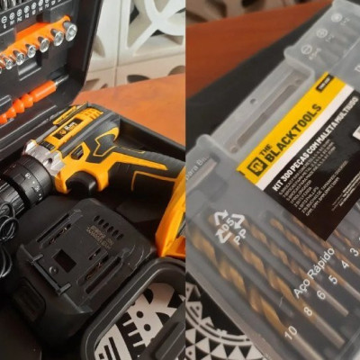 Parafusadeira Furadeira de Impacto 21v com Kit Brocas e Buchas 300 Peças The Black Tools