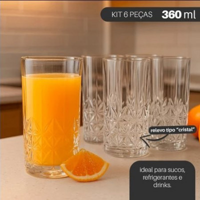 Jogo 6 Copos de Vidro Adhara 360ml Estilo Cristal