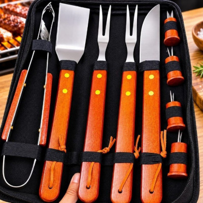 Kit Churrasco Faqueiro Cabo Longo Madeira Maleta Nylon 10pçs