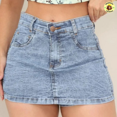 Short Saia Jeans Feminino Cintura Alta Com Lycra