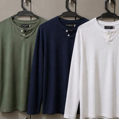 Kit 3 Camiseta Henley Slim 2 Botões Manga Longa