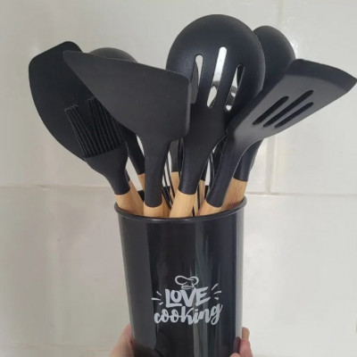 Kit Com 12 Utensílios De Cozinha Silicone Cabo De Madeira
