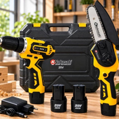Kit Parafusadeira Mini Motosserra 2 Baterias Maleta Nakasaki