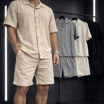 Conjunto Linho Camisa Shorts Mauricinho Com Bolso