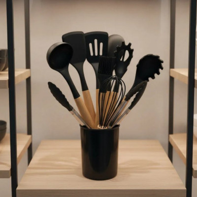 Kit Com 12 Utensílios De Cozinha Silicone Cabo De Madeira
