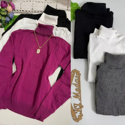 Kit 3 Blusa Gola Alta Tricot Feminina - Opções de Cores