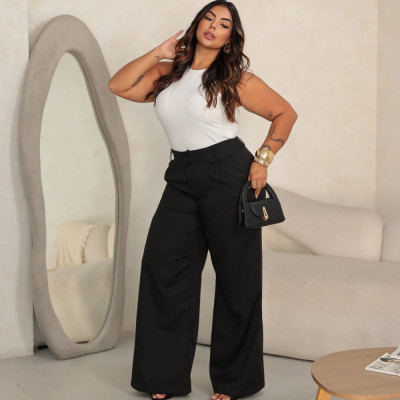 Calça Wide Leg Plus Size Pantalona L Preta