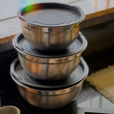 Conjunto 3 Bowls Inox C/ Tampas Plásticas Vittak