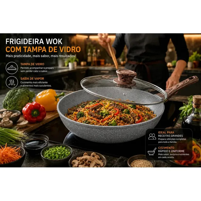 Frigideira Wok Antiaderente Cerâmica 28cm 4L com Tampa de Vidro — Cook Cerâmica Granito Cinza