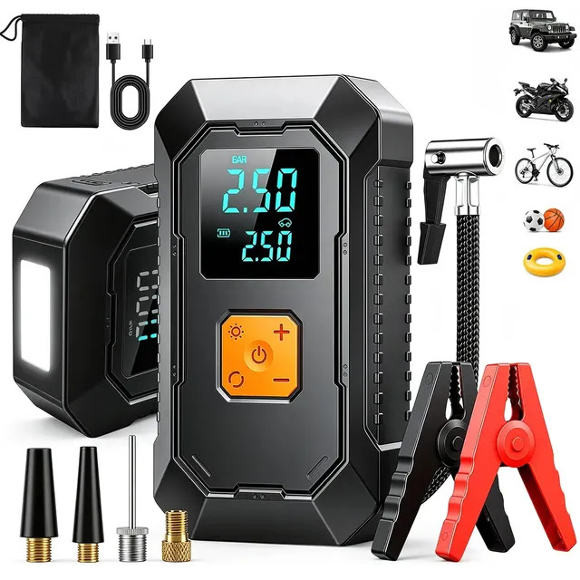 aweshine Compressor Ar Portátil 150PSI Automotivo com Auxiliar Partida Portátil,5 Modos Inflagem,Auxiliar Partida Veicular Carro Moto Caminhão,Power B