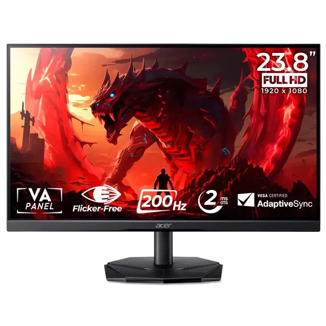 Monitor Gamer Acer Nitro 23.8 200Hz 2ms FHD (KG241Y-X3Bip) — Painel VA em preto