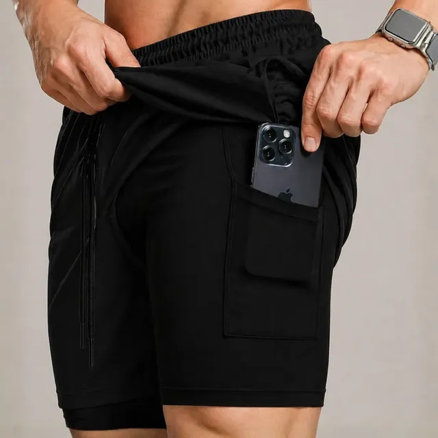 Bermuda Compressão Duplo Masculina 2 Em 1 Short Academia Preto Liso G