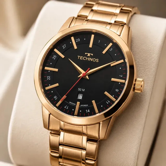 Relógio Technos Masculino Dourado de Aço Inox Analógico com Calendário — clássico e elegante