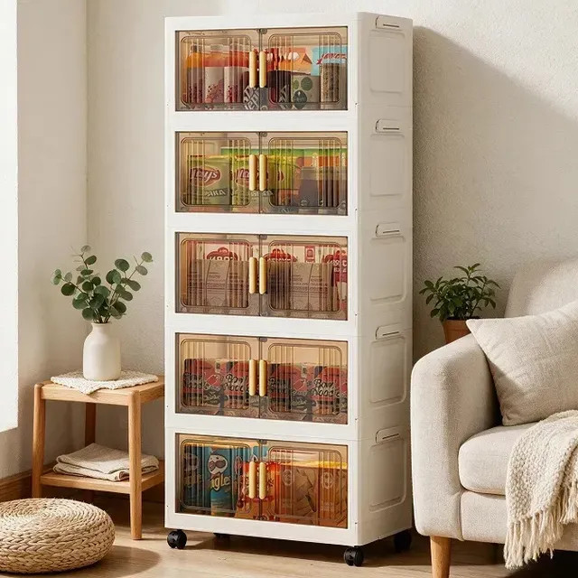 Armário Multiuso Caixa Armazenamento Dobrável 55cm — 5 Andares em Marrom Transparente e Creme Branco