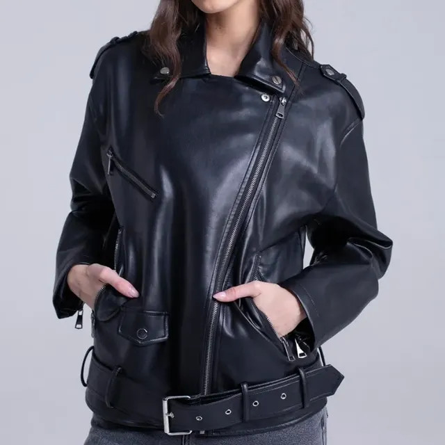 Sawary Jaqueta Feminina Couro PU Biker — Preto G Liso