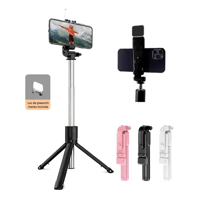 Bastão Tripé de Selfie Retrátil com Luz LED e Controle Bluetooth
