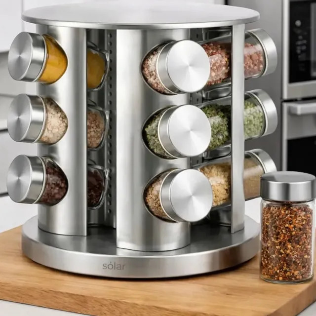 Porta Tempero Condimentos Giratório 12 Potes Inox Luxo Prata — Organização giratória em aço inox