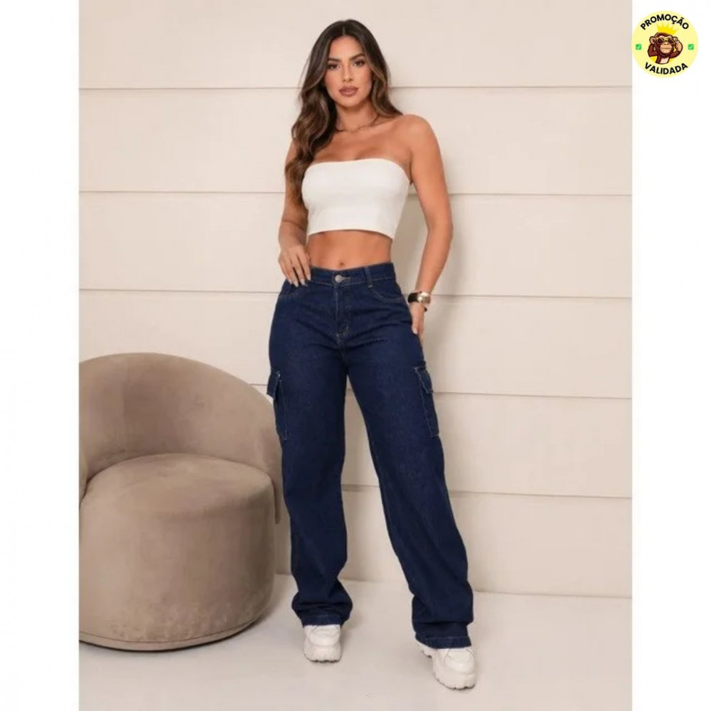 Calça Cargo Feminina Wide Leg Cintura Alta Jeans Stillger
