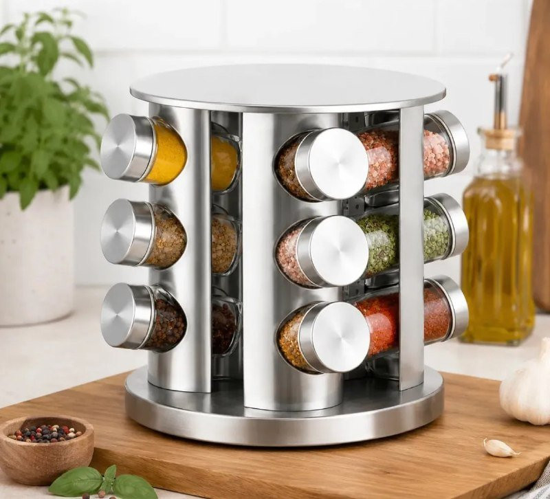 Porta Temperos Giratório 360° com 12 Potes Vidro 85ml Inox