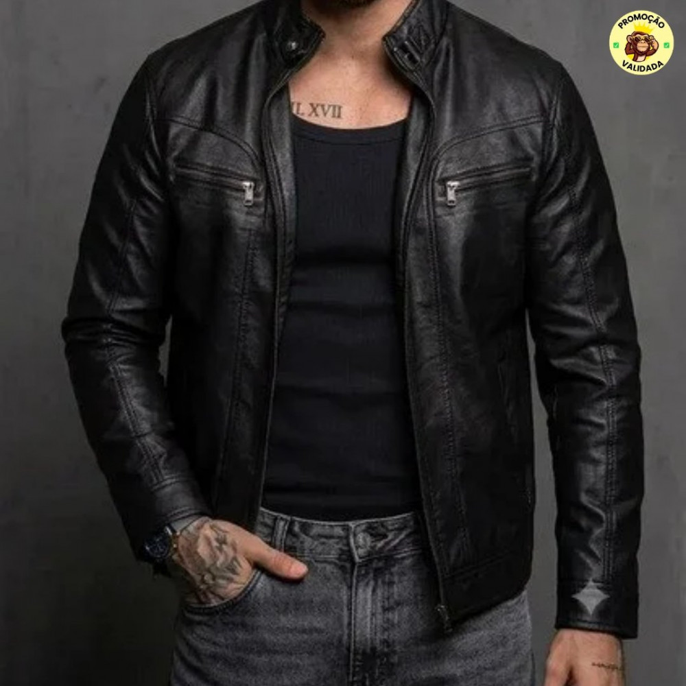 Jaqueta De Couro Masculina Slim Forrada