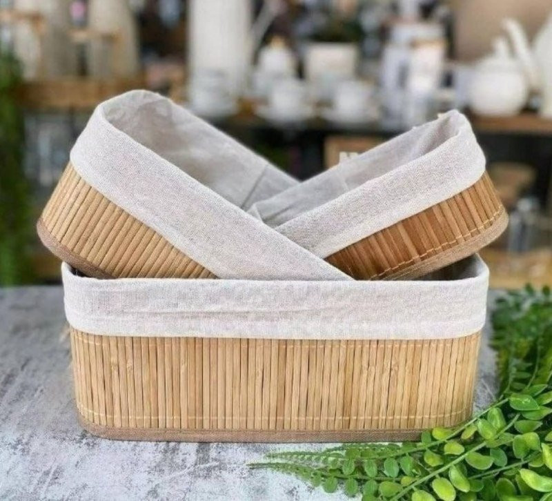 Kit 3 Cestos Organizadores de Bambu Retangulares com Forro Lavável