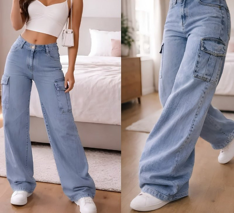 Calça Cargo Wide Leg Cintura Alta Jeans