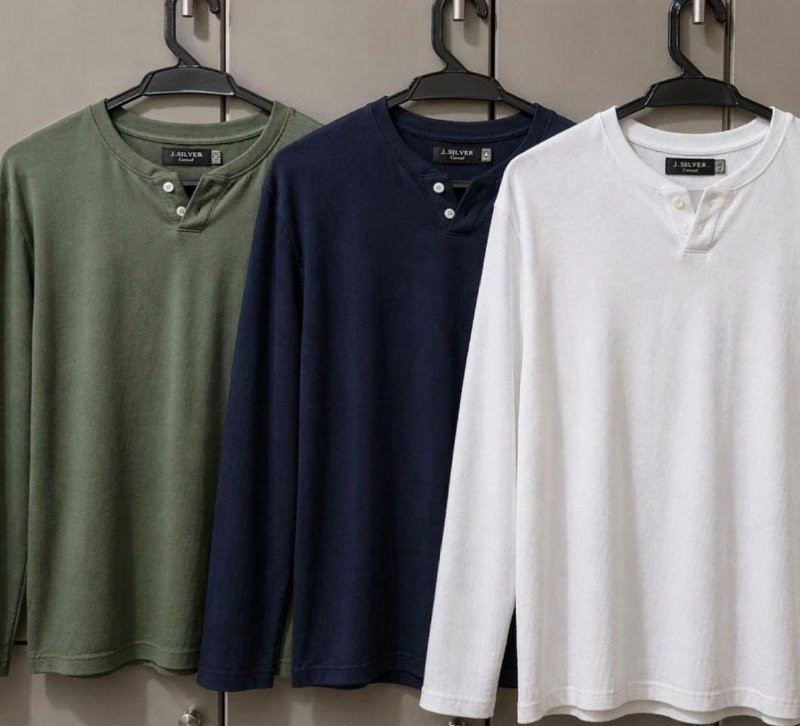 Kit 3 Camisetas Henley Slim Manga Longa