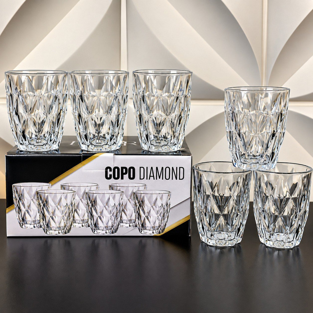 Jogo 6 Copos Vidro Diamante 300ml Branco