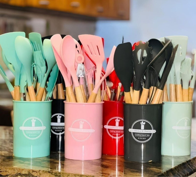 Kit 12 Utensílios de Cozinha Silicone Cabo Madeira